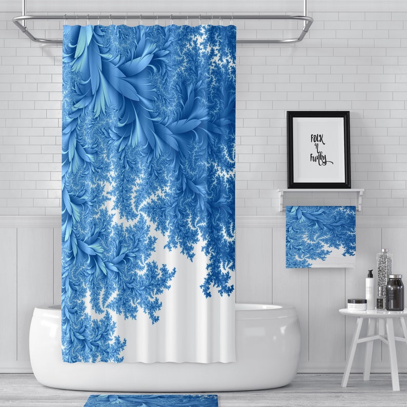 Shower Curtain, Elegant Blue, Draping Leaves, Bathroom Decor - Image 2