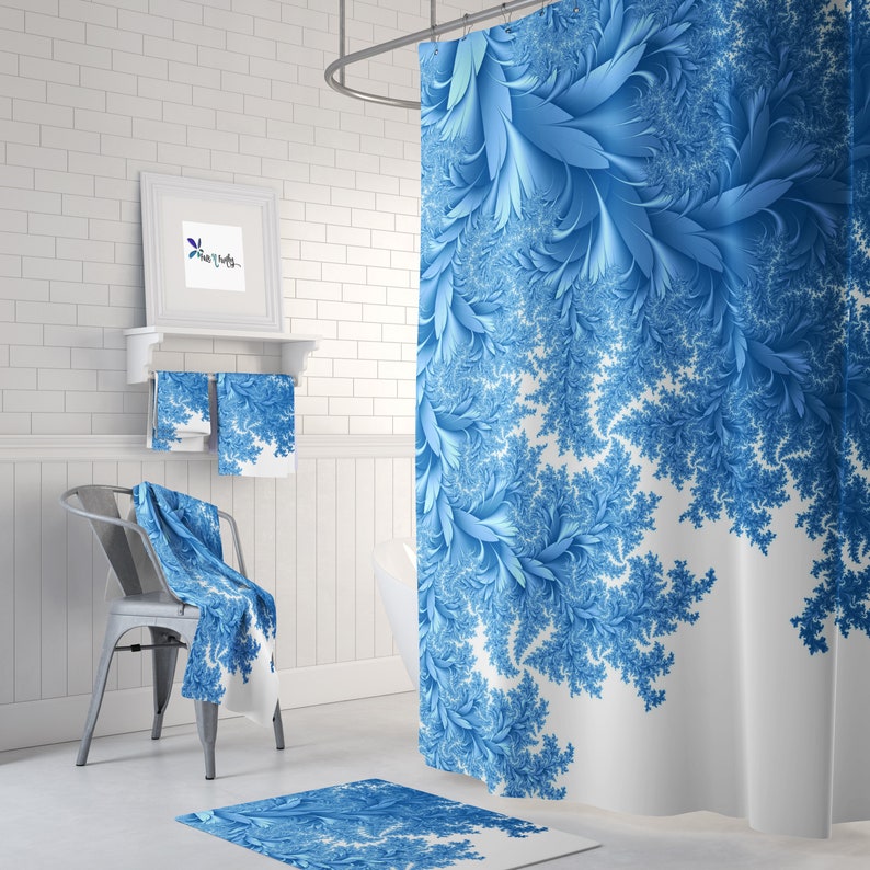 Shower Curtain, Elegant Blue, Draping Leaves, Bathroom Decor - Image 3