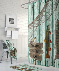 Shower Curtain Fishing Grunge Primitive Weathered Wood Lake House Cabin Rustic Lodge, Optional Bath Mat, Bath Towels