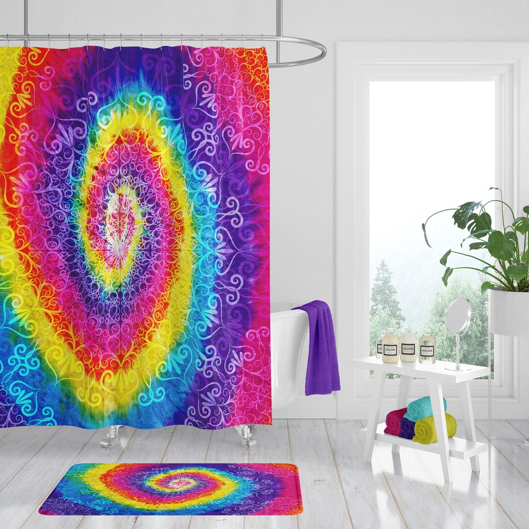 Shower Curtain, Hippie Curtains, Faux Tie Dye, Bath Mat, Bath Towels