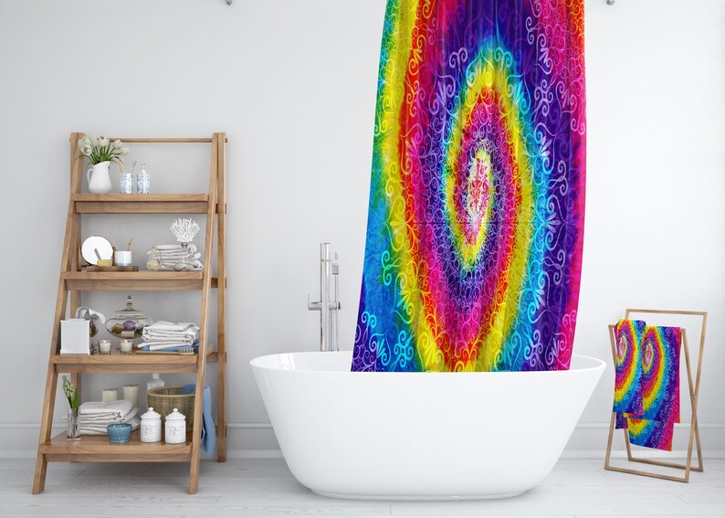 Shower Curtain, Hippie Curtains, Faux Tie Dye, Bath Mat, Bath Towels - Image 2