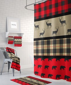 Shower Curtain Lumberjack Plaid Primitive Woodland Bear Deer
