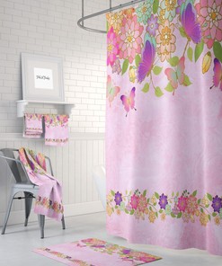 Shower Curtain, Pink Butterfly, Optional Bath Mat, Towels