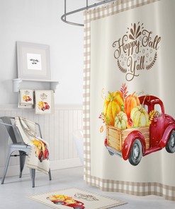 Shower Curtain, RedTruck with Pumpkins, Happy Fall
