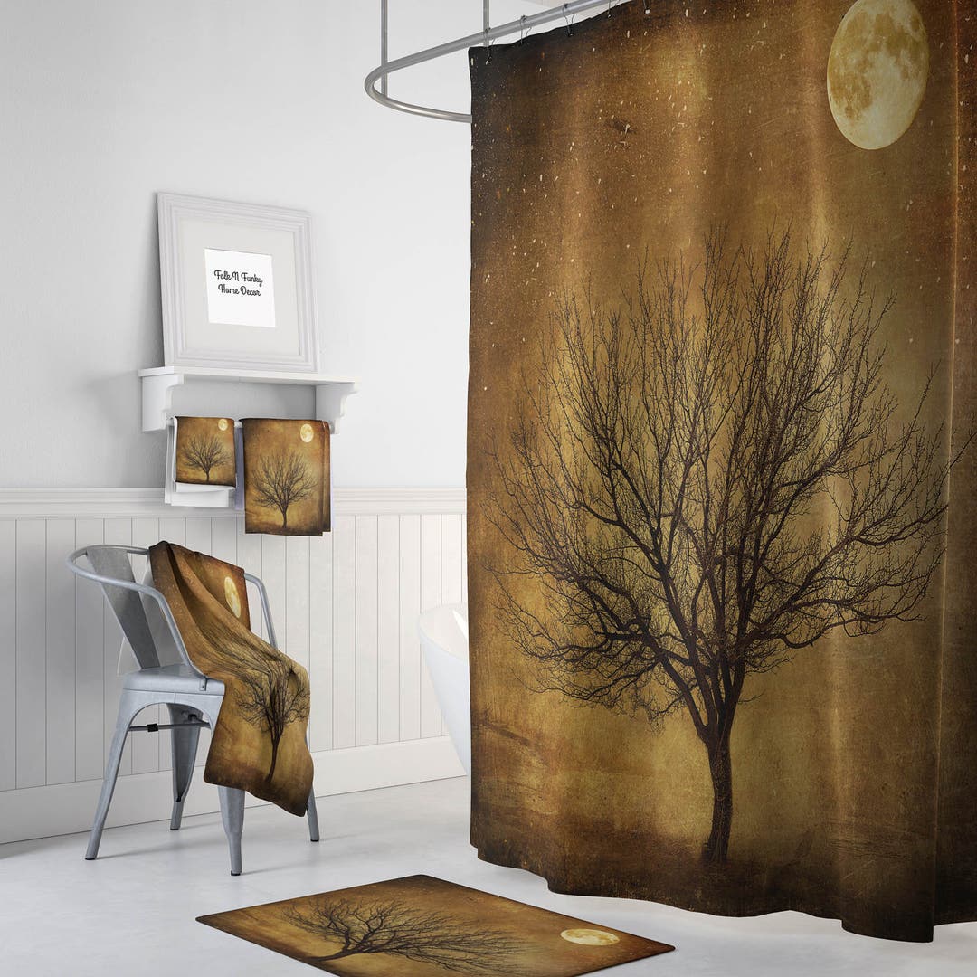 Shower Curtain Rustic Primitive Grunge Tree And Moon