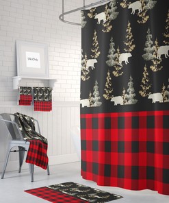 Shower Curtain, Rustic Woodland, Lumberjack Plaid, Bears Trees, Bath Mat, Towels,