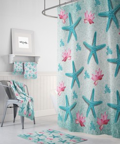 Shower Curtain, Starfish Shower Curtain, Lotus, Beach Theme, Aqua Teal, Pink