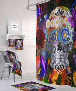 Shower Curtain Sugar Skull Butterflies, Mosaic, Day Of The Dead, Bath Towels, Bath Mat