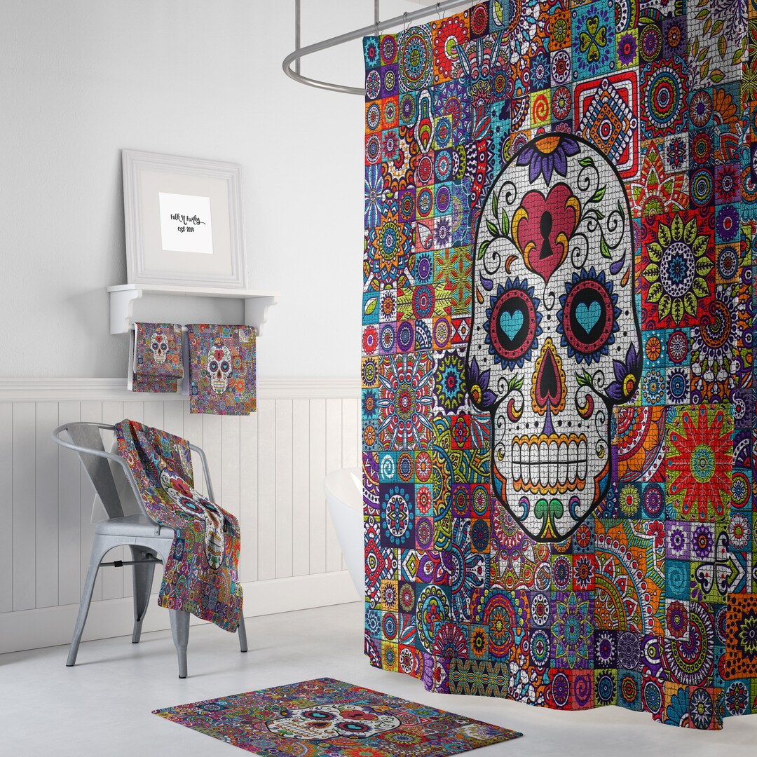 Shower Curtain Sugar Skull Curtain for Bathroom Decor, Home Decor