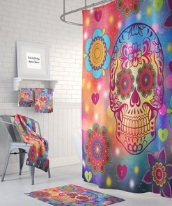 Shower Curtain, Sugar Skull, Flower Power Happy Skull, Bath Bath Towels, Hand Towels, Skull Bathroom Set