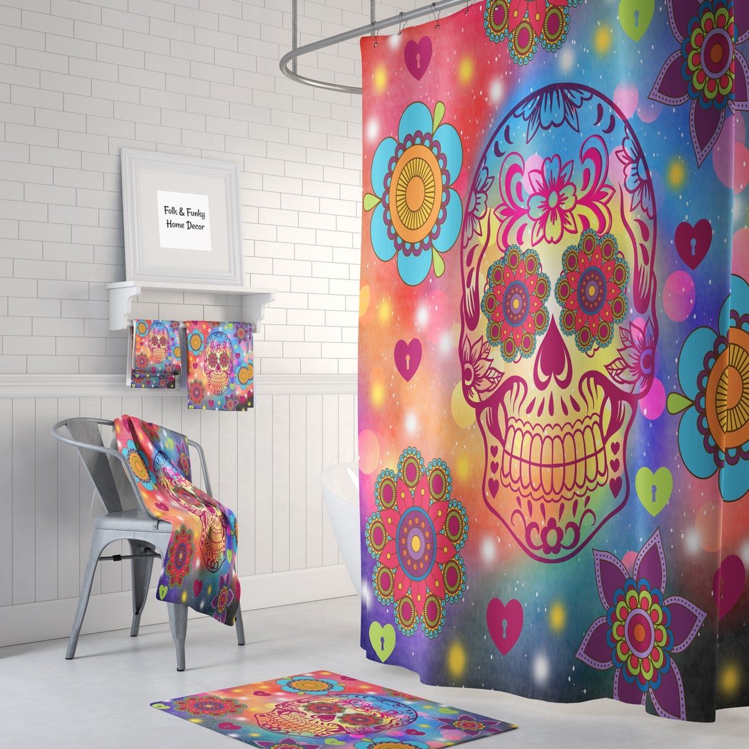 Shower Curtain, Sugar Skull, Flower Power Happy Skull, Bath Bath Towels, Hand Towels, Skull Bathroom Set