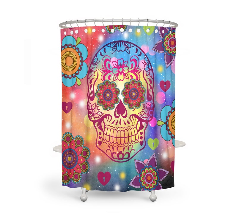 Shower Curtain, Sugar Skull, Flower Power Happy Skull, Bath Bath Towels, Hand Towels, Skull Bathroom Set - Image 2