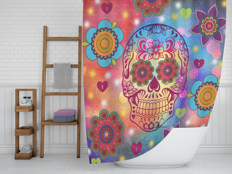 Shower Curtain, Sugar Skull, Flower Power Happy Skull, Bath Bath Towels, Hand Towels, Skull Bathroom Set - Image 3