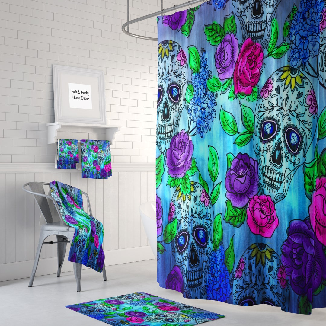 Shower Curtain, Sugar Skull Shower Curtain, Color Crazy Shower Curtains, Bath Towels, Hand Towels Bath Mat, Extra Large Bath Mats