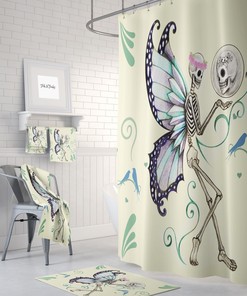 Shower Curtain, Sugar Skull, Skull Day Of The Dead, Bath Mat, Towels, Skeletons, Lets Talk It Over Pale Yellow Butterfly Skull