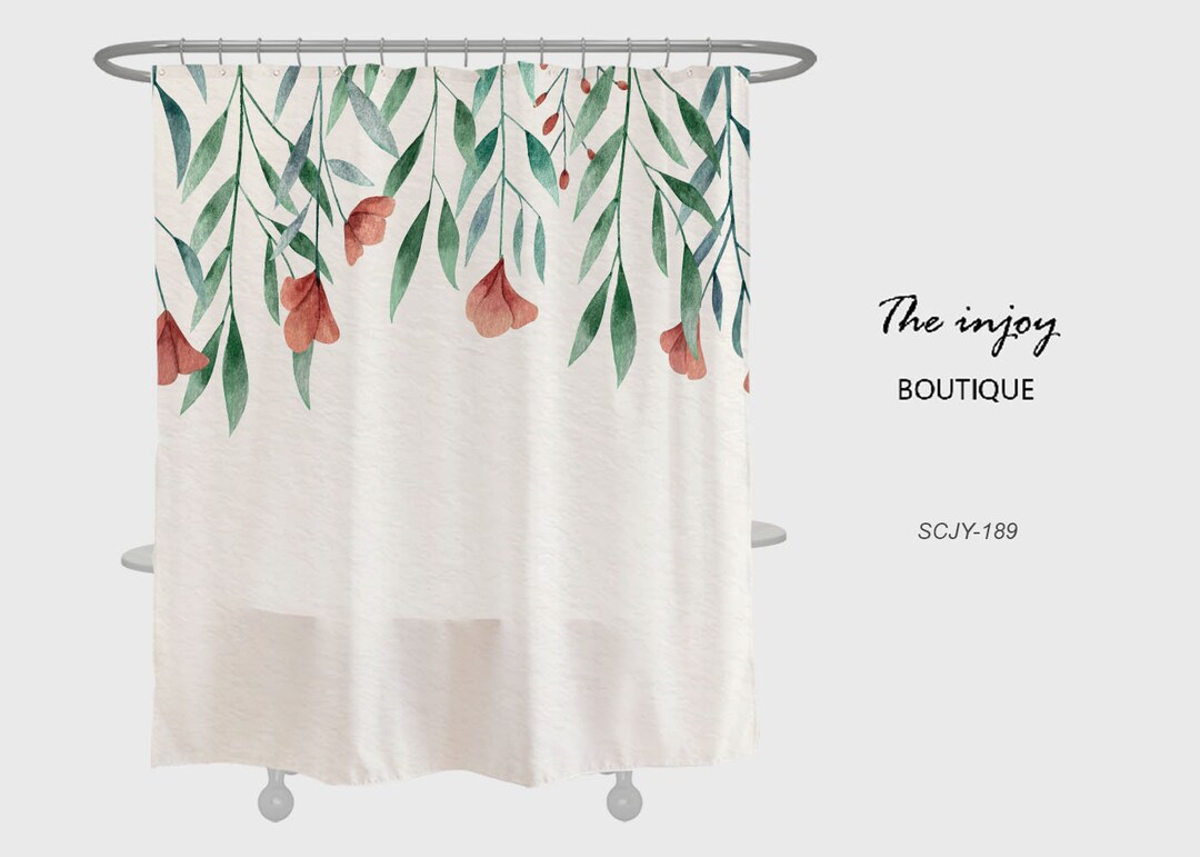 Simple Flowers Shower Curtain, Plant Floral Bathroom Decor, Minimalist Waterproof Washable Bath Curtain
