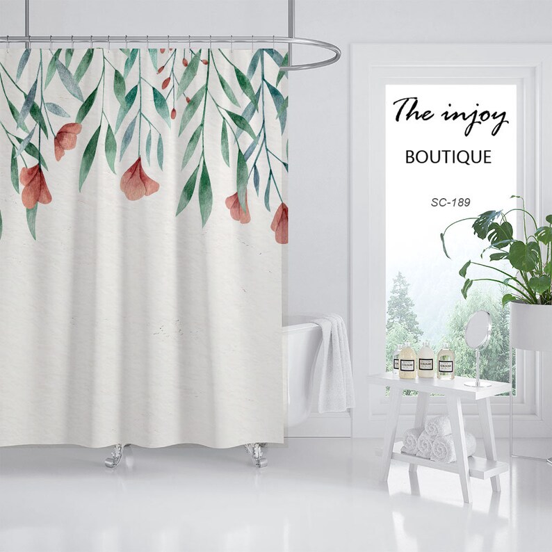 Simple Flowers Shower Curtain, Plant Floral Bathroom Decor, Minimalist Waterproof Washable Bath Curtain - Image 2