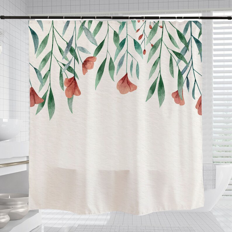 Simple Flowers Shower Curtain, Plant Floral Bathroom Decor, Minimalist Waterproof Washable Bath Curtain - Image 3