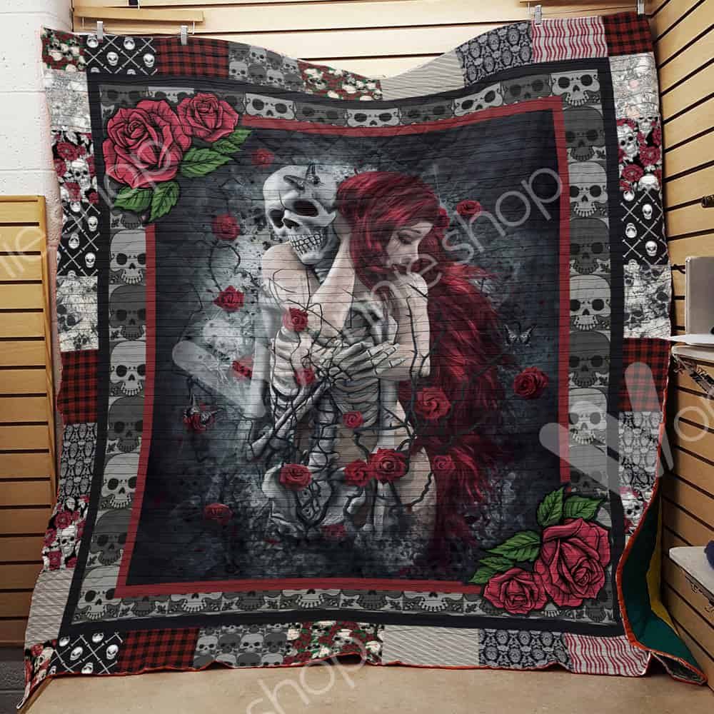 Skull Couple And Roses Quilt Blanket Bedding Set Perfect Gifts For Skull Lover