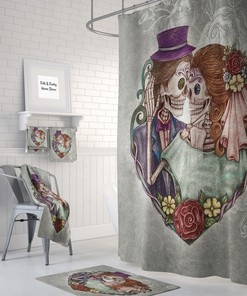 Skull Couple Shower Curtain, Sugar Skull Bathroom Decor, Day Of The Dead