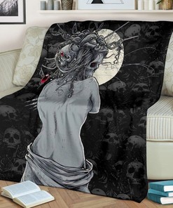 Skull Girl Devil Under The Moon Fleece Blanket, Quilt Blanket Bedding Set Gift78