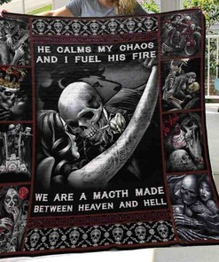 Skull Husband And Wife He Calms My Chaos Quilt Blanket Bedding Set Wedding Valentine's Day