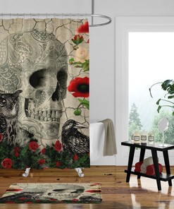 Skull Shower Curtain, Day Of The Dead, Gothic, Crow, Owl, Rose, Bath Mat, Bath Towels