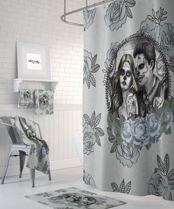 Skull Shower Curtain Day Of The Dead, Love is Blue Design with Roses