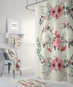 Skull Shower Curtain, Skull Bathroom Decor, Skull Couple, Beige and Pink Floral