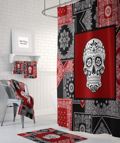 Skull Shower Curtain, Sugar Skulls, Day Of The Dead, Bath Mat, Towels, Black and Red