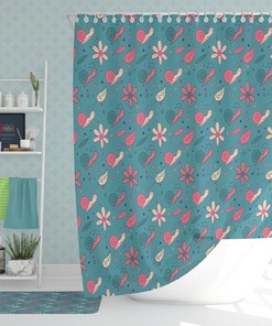 Snail And Flowers Shower Curtain, Blue Pink Floral Fabric Bathroom Curtain, Home Bathroom Set Decor