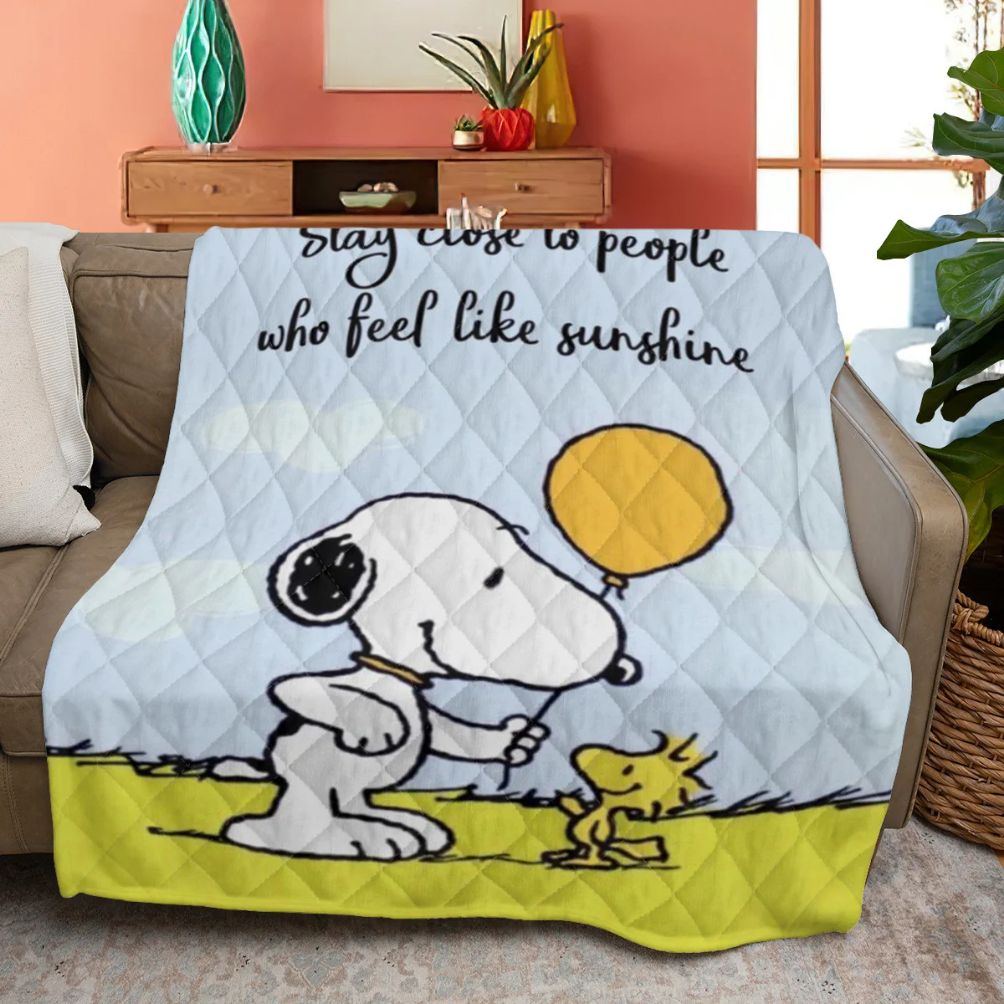 Snoopy Peanuts Quilt Blanket Bedding Gift For Fan, snoopy Peanuts Woodstock Stay Close To People Who Feel Like Sunshine Quilt Blanket Bedding
