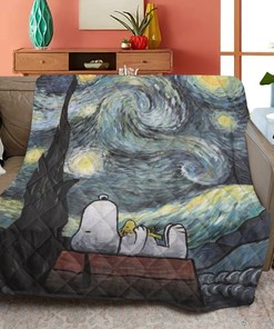 Snoopy Quilt Blanket Bedding Gift For Fan, Snoopy Peanuts Woodstock Starry Night Quilt Blanket Bedding