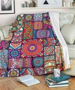 Square Bohemian Mandala Patchwork Sherpa Fleece Blanket Gifts for Family, for Couple