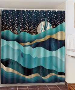 Starry Night In The Desert Shower Curtain, Cactus Moon Star Landscape, Fabric Bathroom Home Decor, Bath Accessories