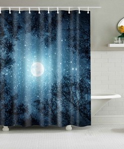 Starry Night In The Forest Shower Curtain, Blue Nature Star Moon Landscape, Home Bath Decor