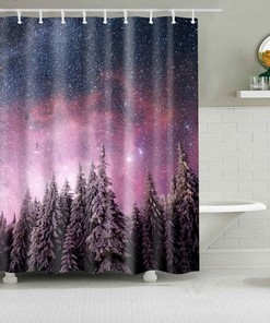 Starry Night In The Forest Shower Curtain, Purple Nature Star Tree Landscape Fabric Bathroom Curtain, Home Bath Decor