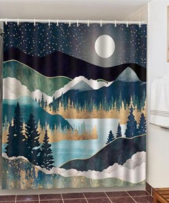 Starry Night In The Mountain Shower Curtain, Blue Nature Forest Landscape Fabric Bathroom Curtain, Home Bath Decor