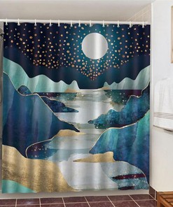 Starry Night In The Mountain Shower Curtain, Blue Nature Forest Landscape, Home Bath Decor