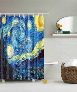 Starry Night Van Gogh Shower Curtain, Dutch Painter Oil Painting Blue Moon Night Bathroom Curtain, Home Bath Art Decor