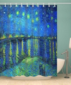 Starry Night Van Gogh Shower Curtain, Famous Dutch Painter Oil Painting Blue Bathroom Curtain, Home Bath Art Decor