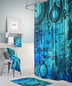 Steam Punk Nautical Shower Curtain Ocean Map Bathroom Set, Bath Mat, Towels