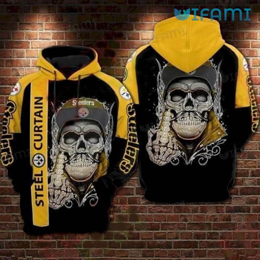 Steelers Hoodie 3D Death Skull Wearing Hat Steel Curtain Pittsburgh Steelers Gift