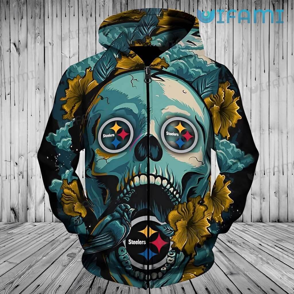 Steelers Hoodie 3D Flower Skull Logo Pittsburgh Steelers Gift