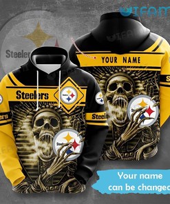 Steelers Hoodie 3D Personalized Name Skeleton Holding Logo Pittsburgh Steelers Gift