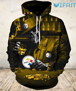 Steelers Hoodie 3D Skeleton In Suit Playing Poker With Wine Glass Pittsburgh Steelers Gift