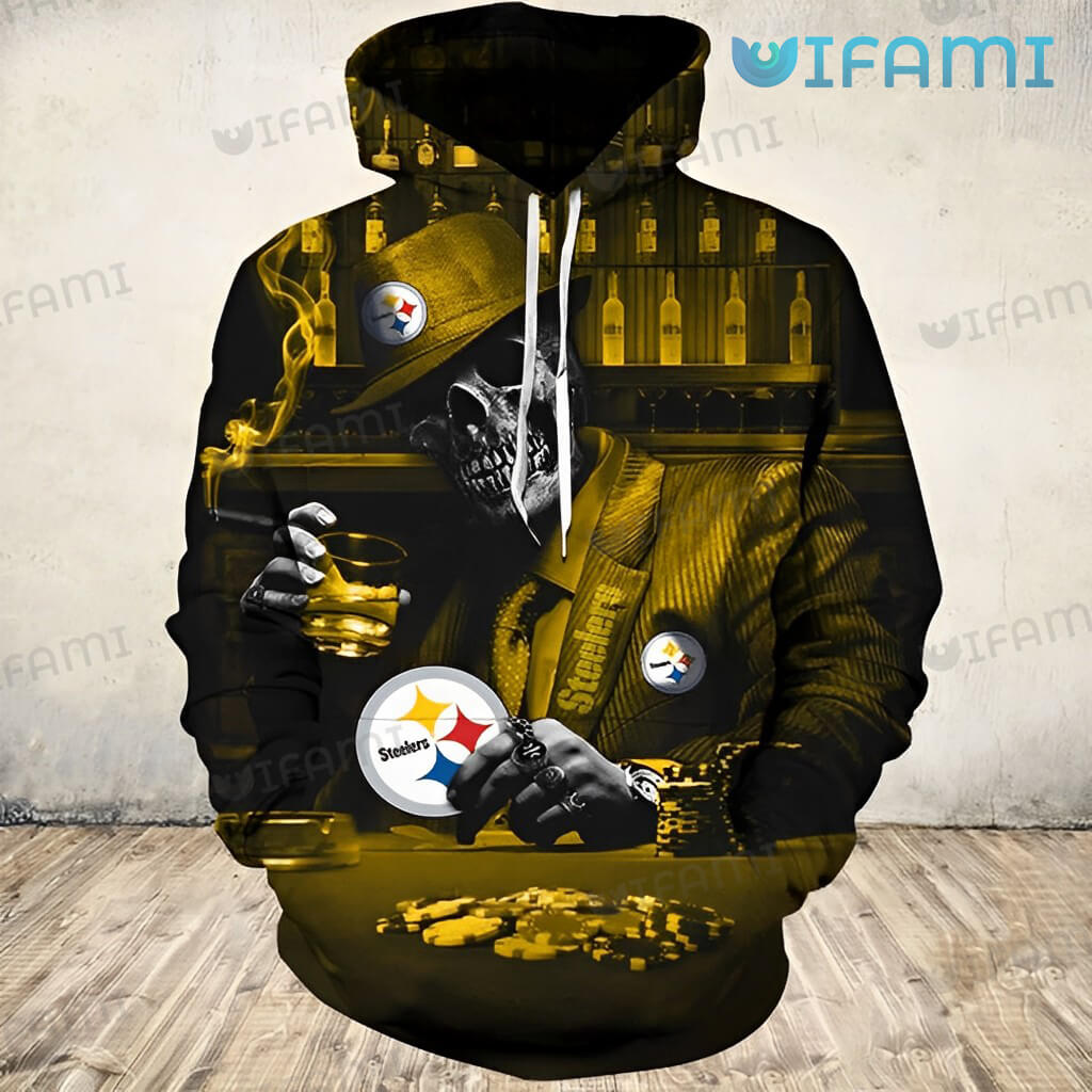 Steelers Hoodie 3D Skeleton In Suit Playing Poker With Wine Glass Pittsburgh Steelers Gift