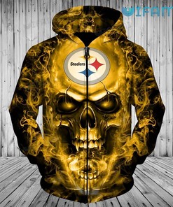 Steelers Zip Up Hoodie 3D Burning Skull Logo Pittsburgh Steelers Gift