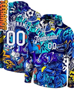 Stitched Graffiti Pattern White Royal 3D Personalized Hoodie