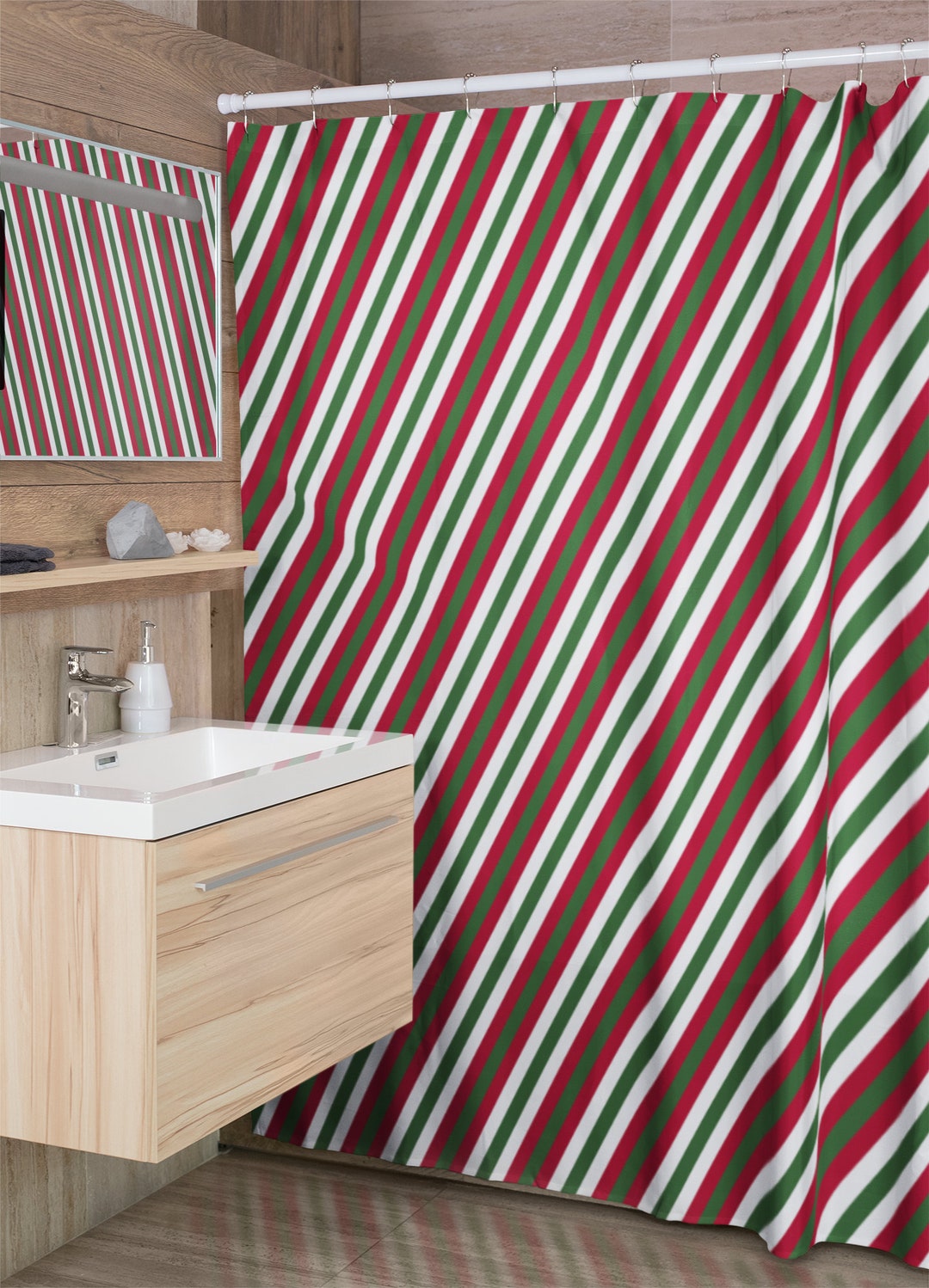 Striped Christmas Modern Shower Curtain, Christmas Gift For Home, Shower Curtain, Retro Bathroom Accessories, Home Gift